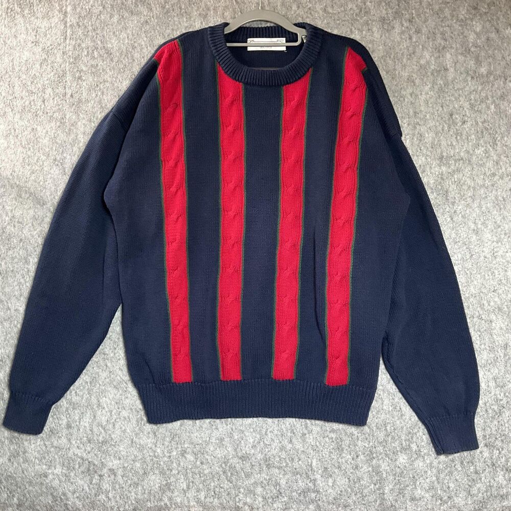 Vintage John Ashford Sweater Mens XL Blue Red Striped Crewneck Cotton Knit 90s